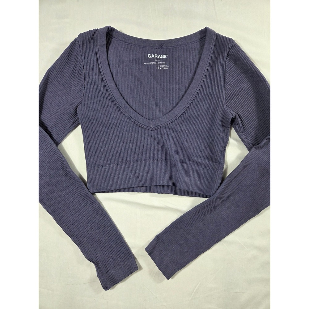 Garage Ribbed V-Neck Long Sleeve Crop Top Purple Slate XS